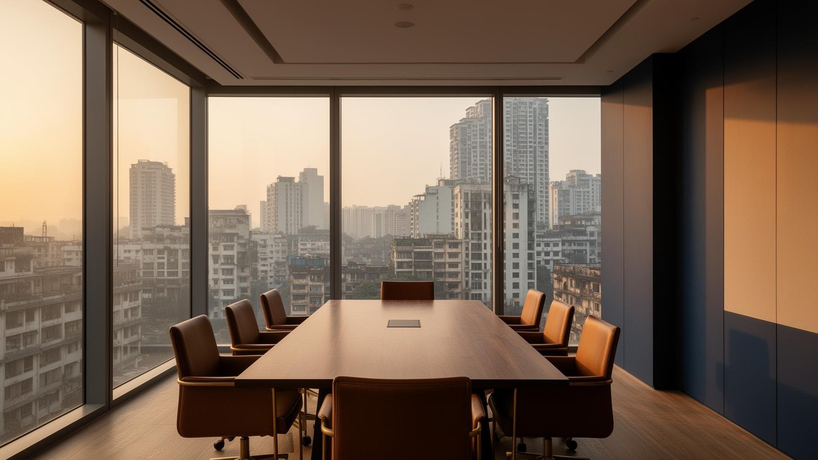 Senior boardroom overlooking the Mumbai skyline at golden hour